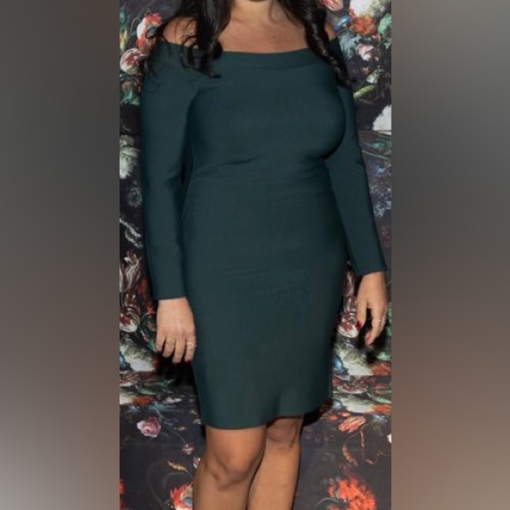 Elegant Forest Green Off Shoulder Long Sleeve Bandage Dress | Size 12